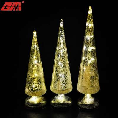 Mini led batteries decorative glass small artificial snowing christmas tree with base